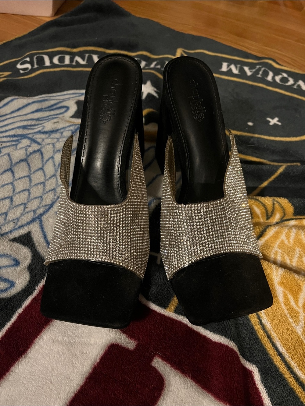 Charlotte Russe Black Suede and Silver Crystal Slide Mules